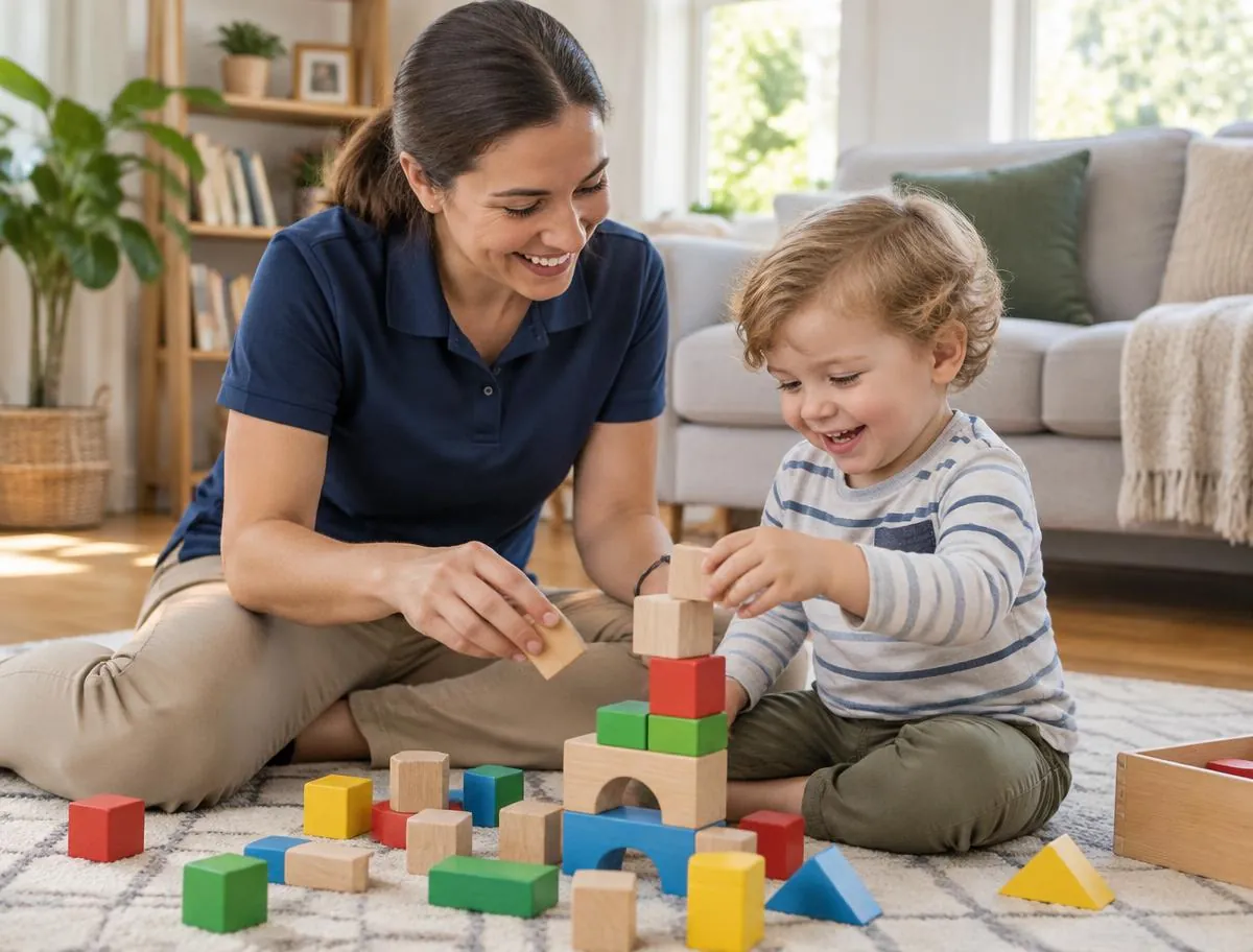 A pediatric therapist playing with blocks alongside a toddler at home
